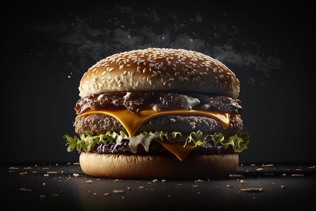 Beautiful juicy burger with cutlet cheese and fresh vegetables on a black background Generative AI