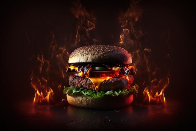 Beautiful juicy burger with cutlet cheese and fresh vegetables in red fire flames Generative AI