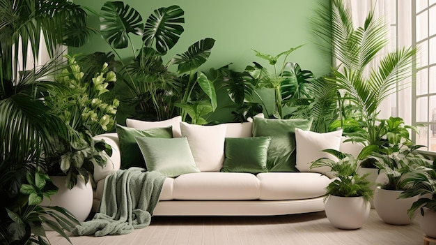 Beautiful juicy green lush indoor plants in the interior of the room