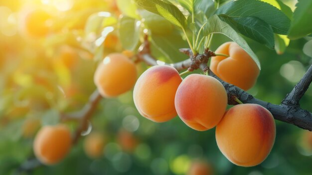 Beautiful juicy ripe apricot hang on a branch in the summer garden