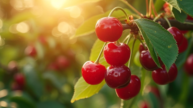 美しいジューシーな熟した桜が夏の庭の枝にぶら下がっている