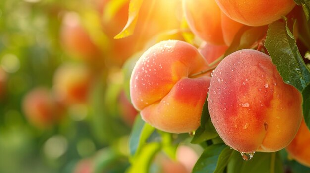 Photo beautiful juicy ripe peach hang on a branch in the summer garden