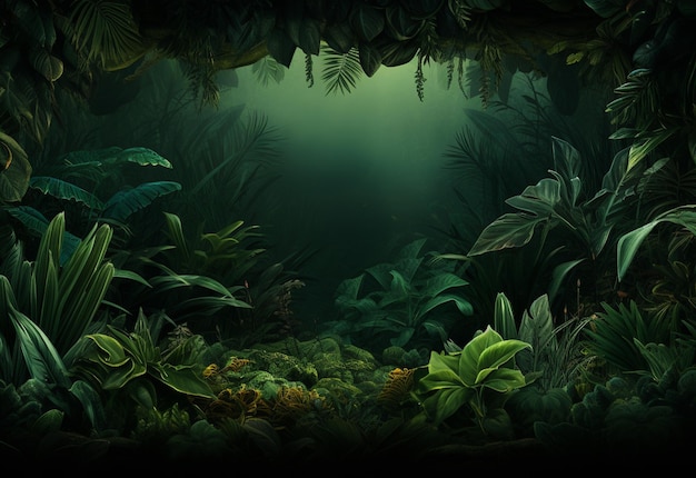 写真 コピー スペースと熱帯の葉の背景で作られた境界線を持つ美しいジャングルの背景