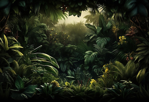 写真 コピー スペースと熱帯の葉の背景で作られた境界線を持つ美しいジャングルの背景