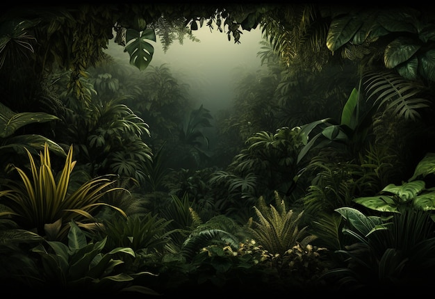 Foto bellissimo sfondo giungla con bordo fatto di foglie tropicali con spazio per la copia