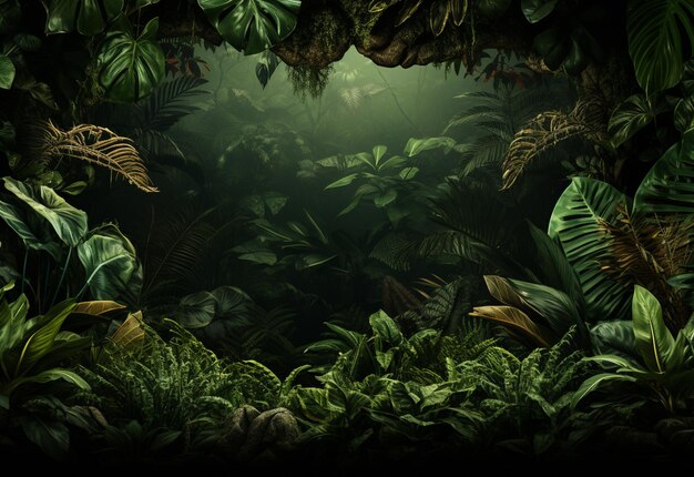 コピー スペースと熱帯の葉の背景で作られた境界線を持つ美しいジャングルの背景