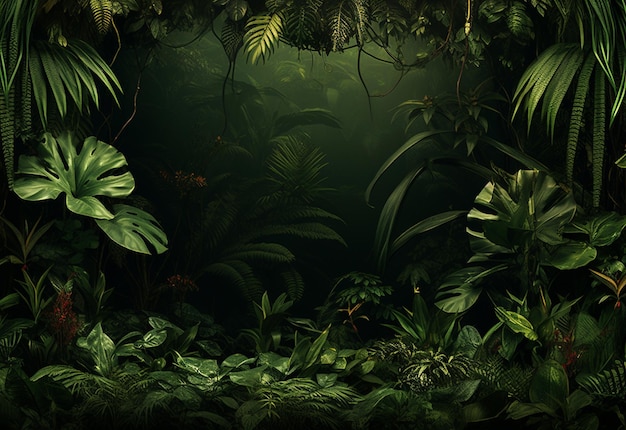 コピー スペースと熱帯の葉の背景で作られた境界線を持つ美しいジャングルの背景