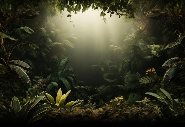 Beautiful jungle background with border made of tropical leaves backdrop with copy space