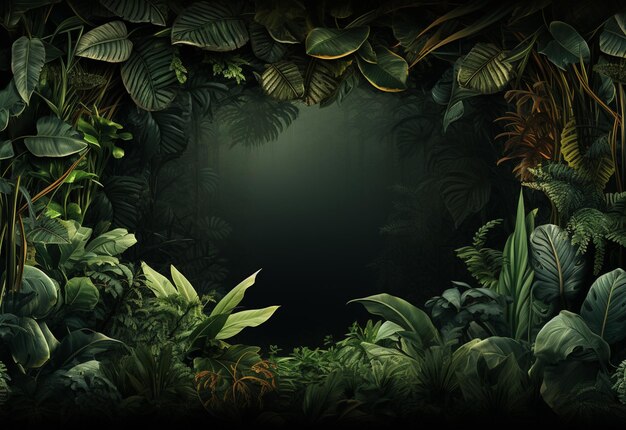 Beautiful jungle background with border made of tropical leaves backdrop with copy space