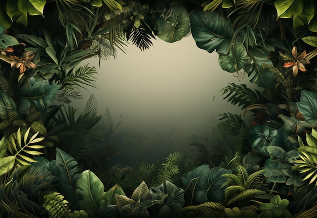 Photo beautiful jungle background with border made of tropical leaves backdrop with copy space