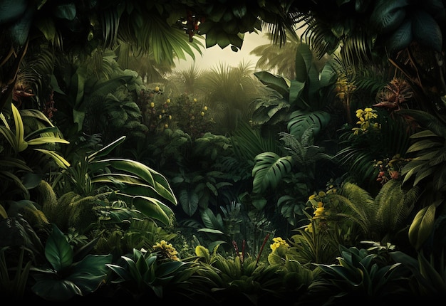 Beautiful jungle background with border made of tropical leaves backdrop with copy space