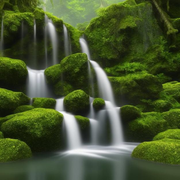 Beautiful jungle river waterfall mossy boulders and trees Generative AI