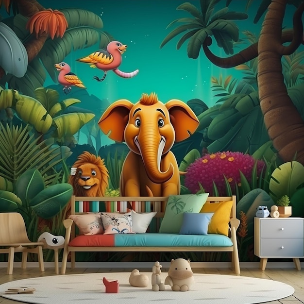 Beautiful jungle themed animal wall kid room wallpaper AI Generated art