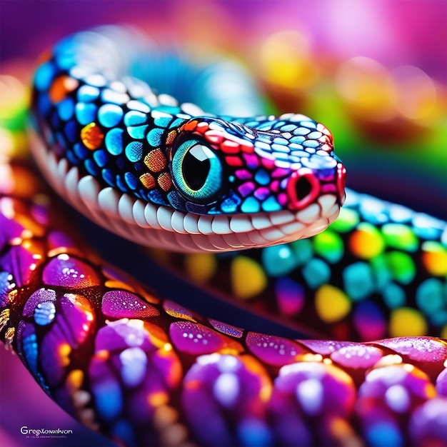 Beautiful kawaii fantasy acrylic digital painting a close up little rainbow snake creature
