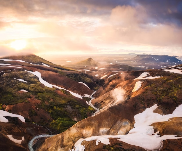 Beautiful Kerlingarfjoll mountain range on geothermal area in the sunset located in central icelandic highlands on summer at Iceland