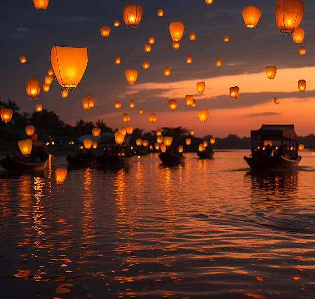 Beautiful Khom Loy and Khom Fai Sky Lanterns in Thailand