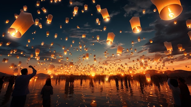 beautiful khom loy and khom fai sky lanterns