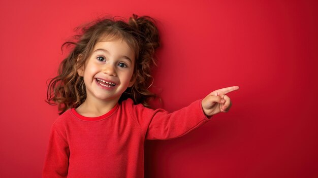 Photo beautiful kid pointing to the side smiling red background