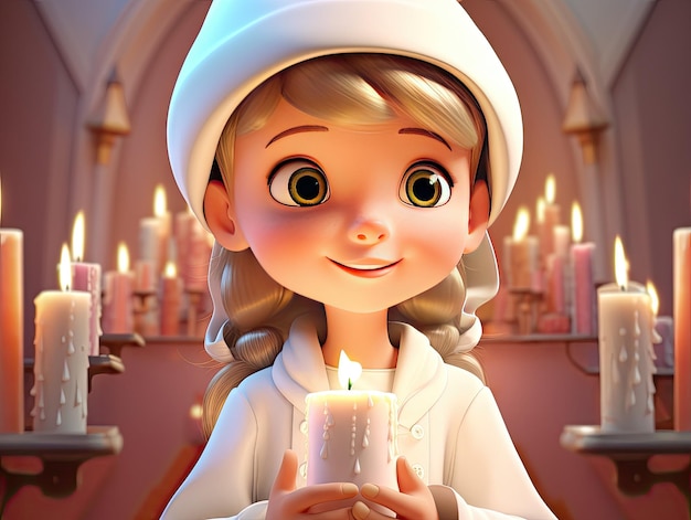 Beautiful kid with candle 3D cartoon character playful colorful style