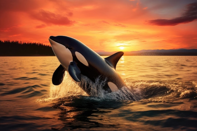 Beautiful killer whale in the sea at sunset 3d rendering Orca Killerwhale traveling on ocean water with the sunset AI Generated