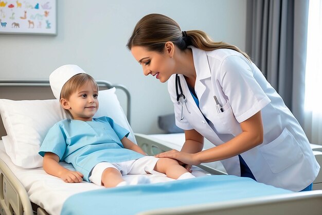 Photo beautiful kind female nurse taking care of little boy hospitalized in bed happy woman nurse tuck the covers back to the young child patient lying on hospital bed medical worker with kid patient