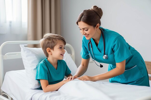 Photo beautiful kind female nurse taking care of little boy hospitalized in bed happy woman nurse tuck the covers back to the young child patient lying on hospital bed medical worker with kid patient