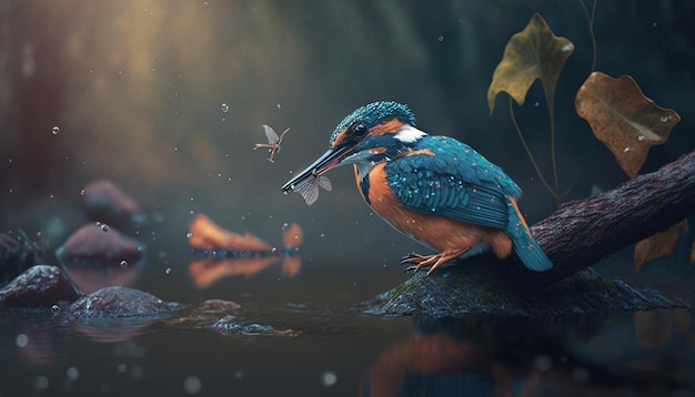 Beautiful kingfisher catching fish image Ai generated art