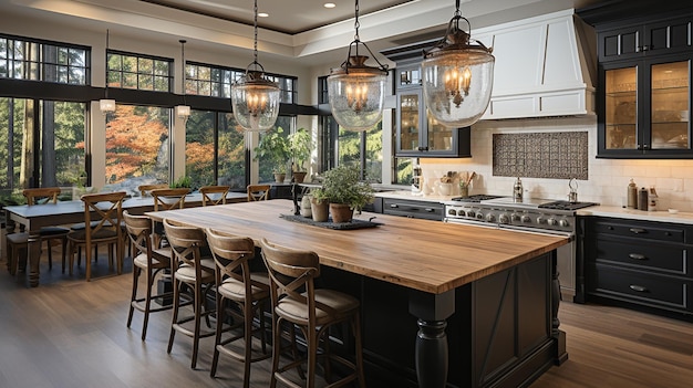 Beautiful Kitchen Interior In New Luxury Home With White Cabinets And Woodwork Pendant Lights