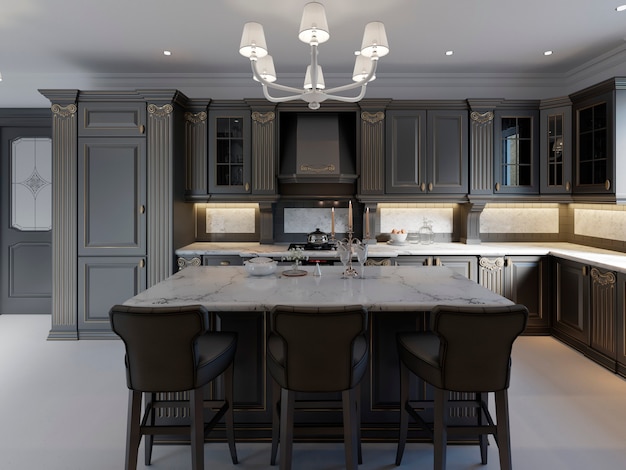 Beautiful kitchen in luxury home with island, pendant lights, cabinets, and self-leveling floors. marble backsplash, elegant features. 3d rendering