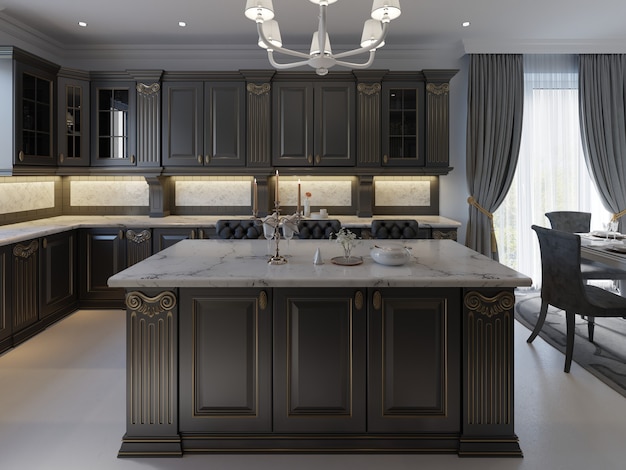 Beautiful kitchen in luxury home with island, pendant lights, cabinets, and self-leveling floors. marble backsplash, elegant features. 3d rendering