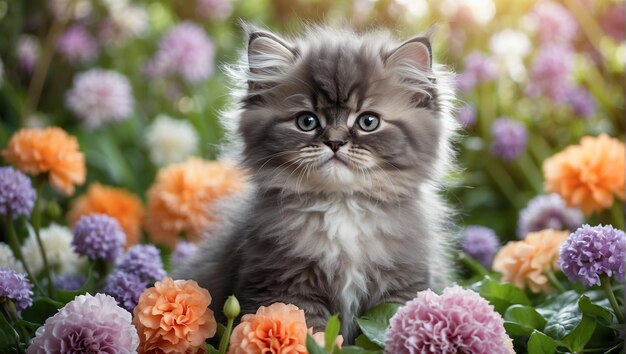 야외에서 신선한 꽃으로 둘러싸인 아름다운 새끼 고양이