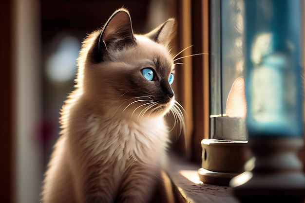 A beautiful kitten looks out the window Generative AI