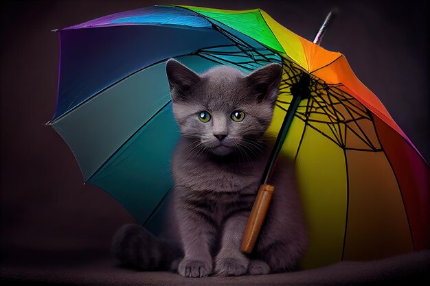 A beautiful kitten sits with a colorful umbrella Generative AI