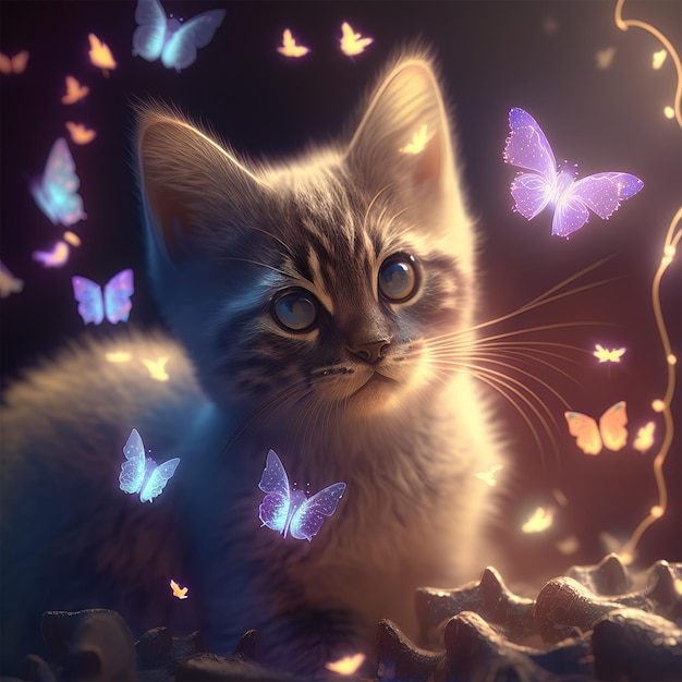 Beautiful kitten surround by purple butterflies