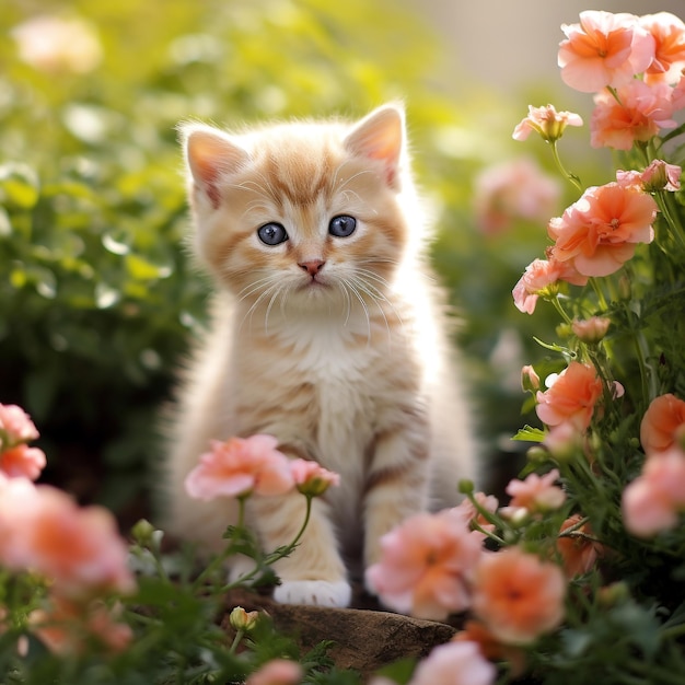 Beautiful kitten with flowers outdoors