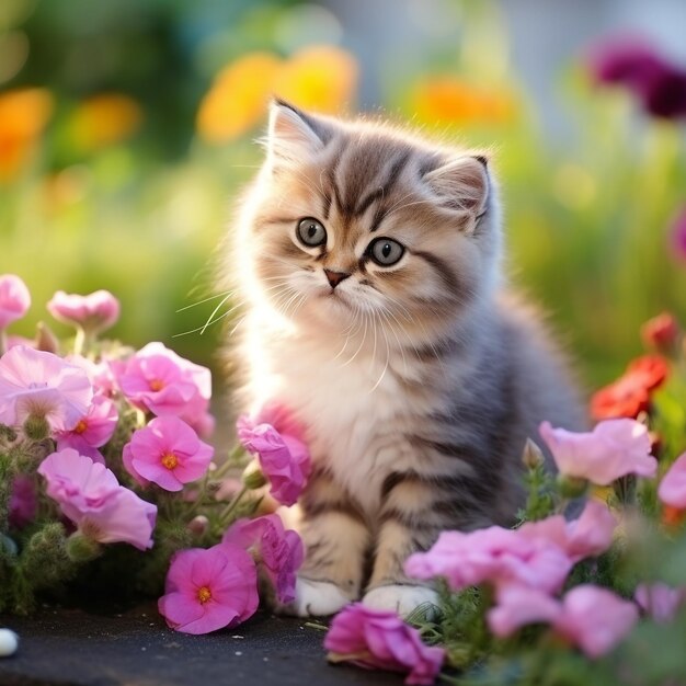 Beautiful kitten with flowers outdoors