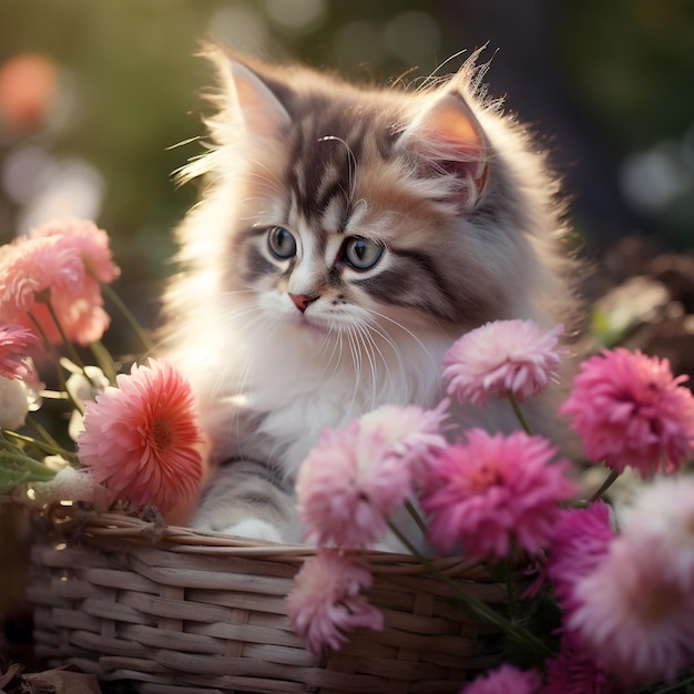 Beautiful kitten with flowers outdoors