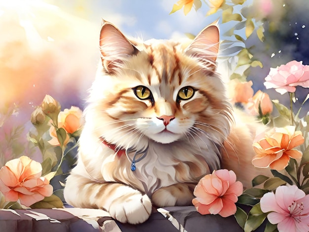 A Beautiful kitten with flowers outdoors