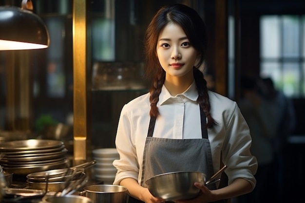 아름다운 한국 요리사 소녀가 레스토랑 부에서 음식을 조리할 준비가 되어 있습니다.