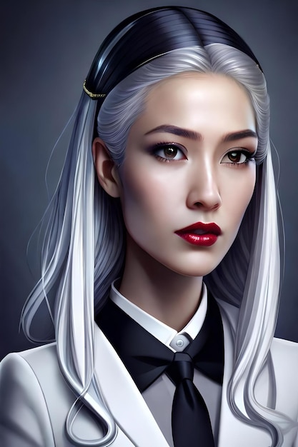 Beautiful Korean cyborg woman on white suit