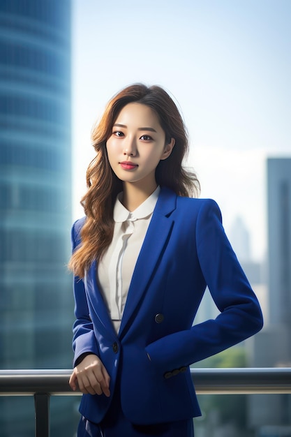 Beautiful korean woman wearing royal blue blazer and short skirt with a cute smile front view white .