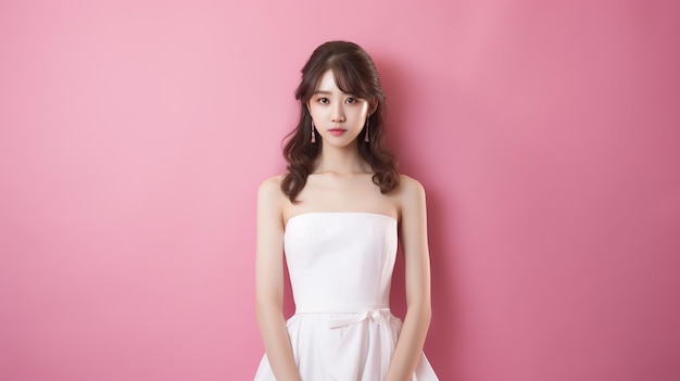 Beautiful korean woman in a white dress stands in front of a pink background