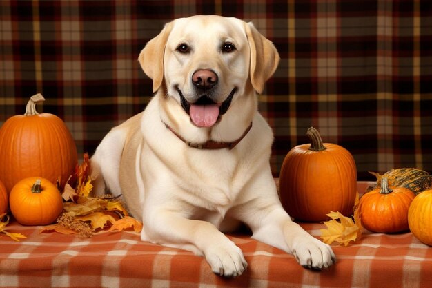 Photo beautiful labrador retriever sitting next to some pumpkins and gourd