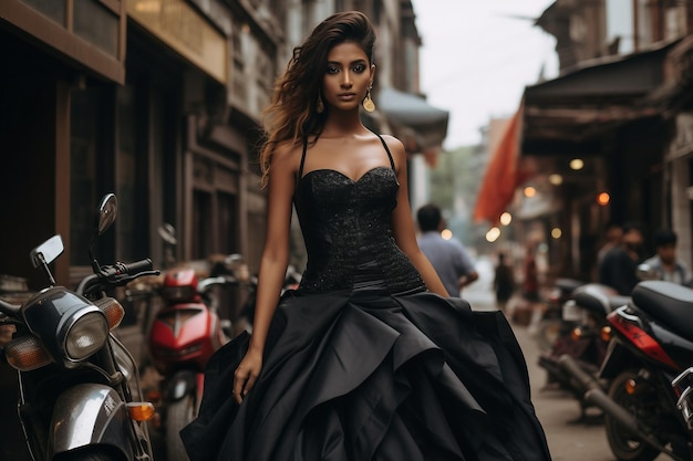 Beautiful lady in a chic black gown elegantly captured in a portrait