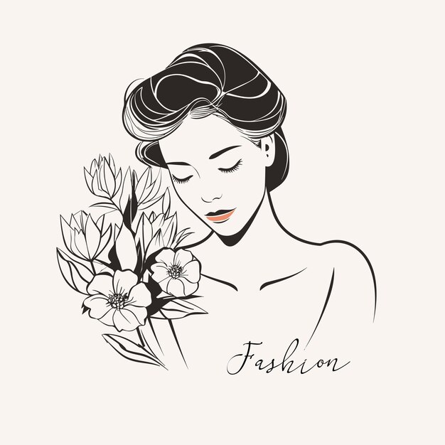 Beautiful lady design elements handdrawn classic line art