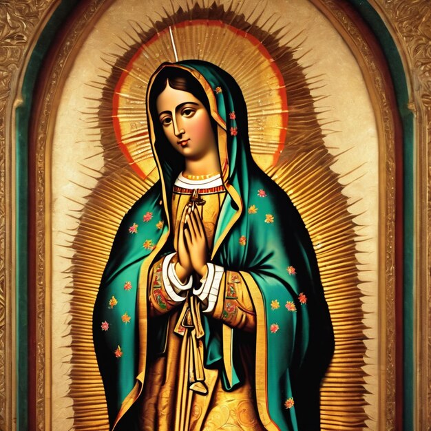 Foto bella signora di guadalupe messico santo santa fede illustrazione vintage serigrafia