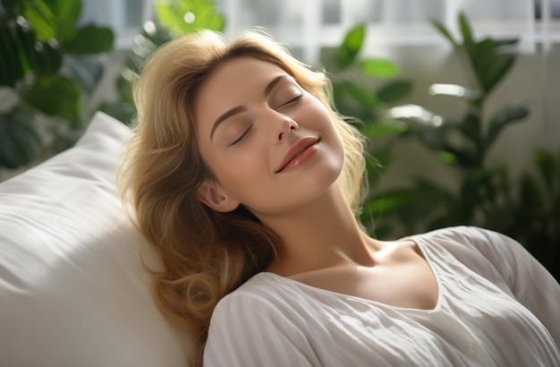 a beautiful lady is laying on a white bed making a snooze noise