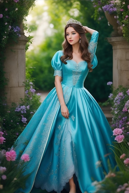 A beautiful lady is wearing a cyan luxury dress and standing in a garden