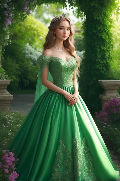 아름다운 여인이 녹색 고급 드레스를 입고 정원에 서 있습니다.