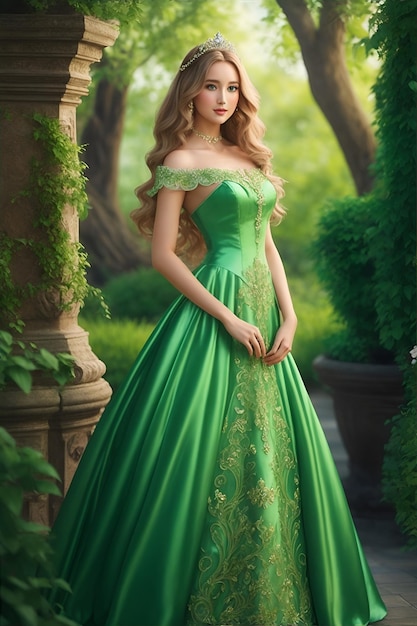A beautiful lady is wearing a green luxury dress and standing in a garden
